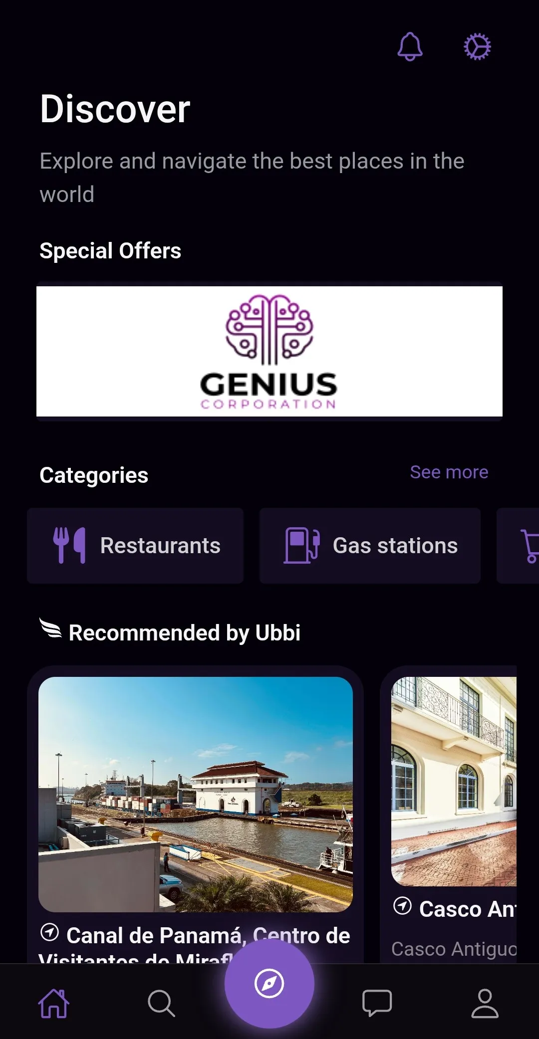 Pantalla principal de Ubbi mostrando lugares recomendados y ofertas especiales