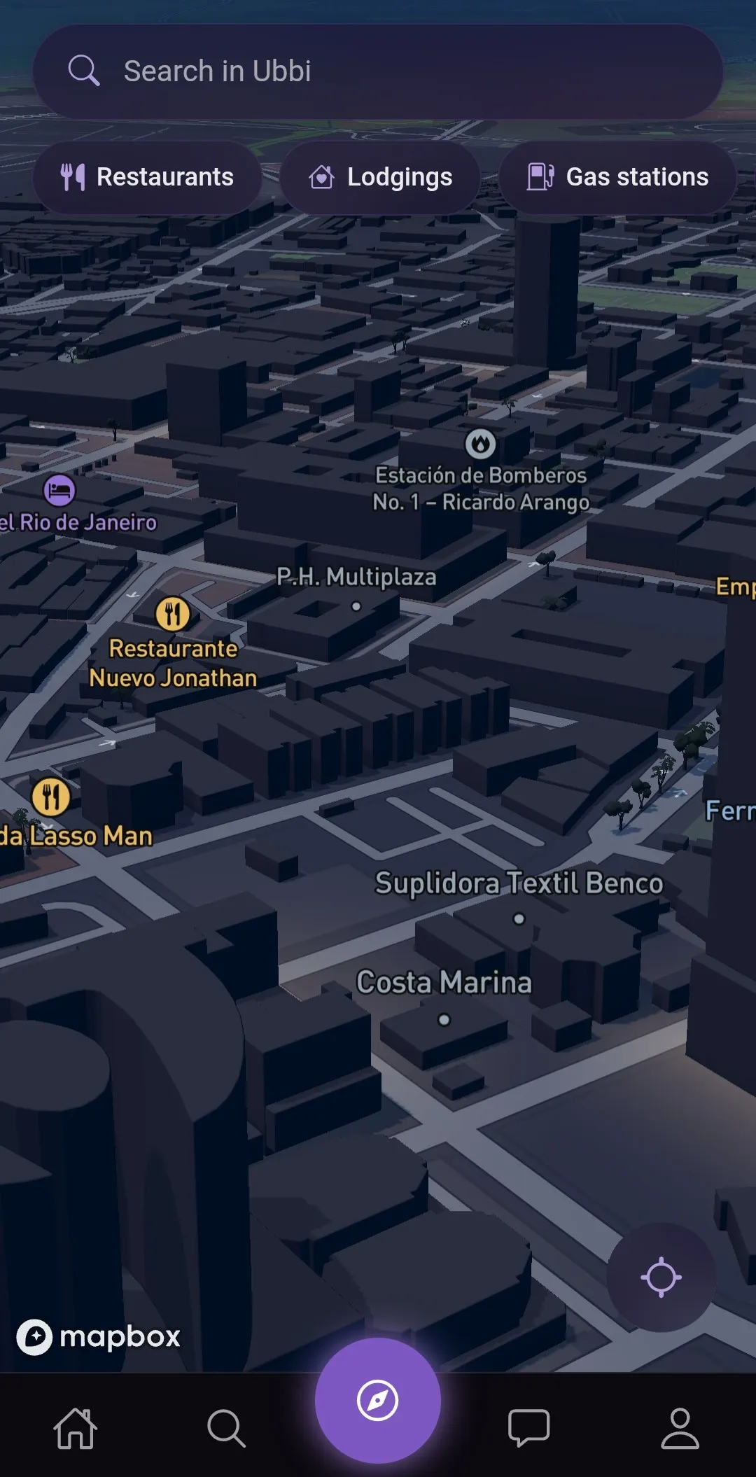 Mapa 3D de Ubbi con edificios y puntos de interés